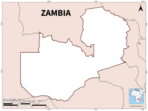 Outline map of Zambia with country borders in color.