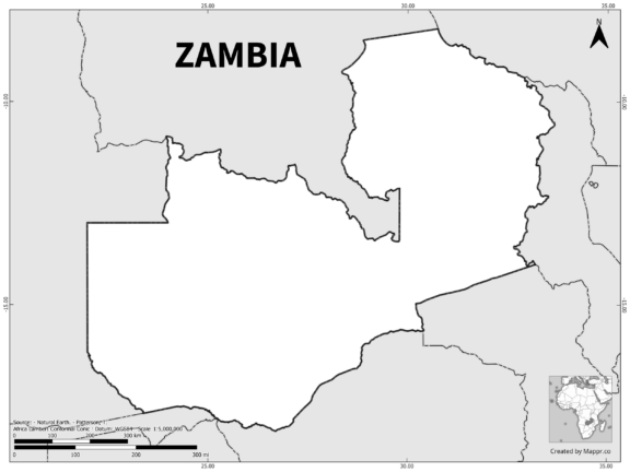 Black and white outline map of Zambia, showing the country's borders.