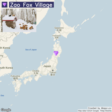 Map of Japan showing the location of Zao Fox Village with a small picture of foxes by a wooden structure in snow at the top left corner.