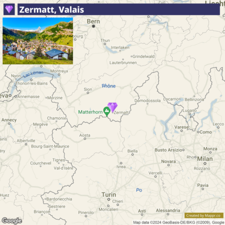 Map showing the location of Zermatt in the Valais region with the Matterhorn symbol near Zermatt and other surrounding geographic names and cities in Switzerland and bordering Italy.