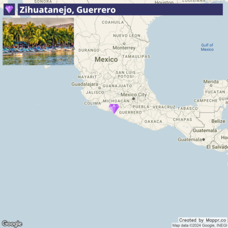 Map of Mexico highlighting the location of Zihuatanejo in the state of Guerrero, with an inset photograph of a beach lined with palm trees in Zihuatanejo.