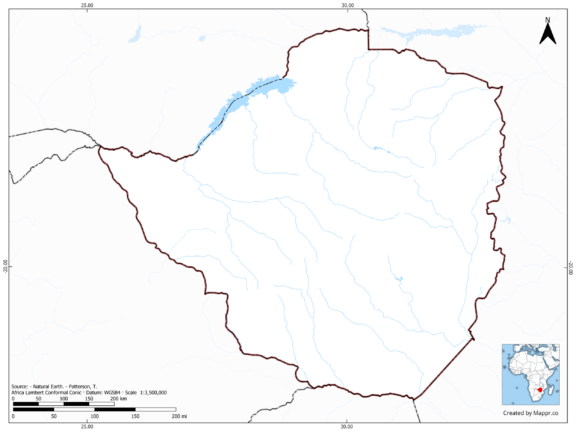 Blank map of Zimbabwe showing borders and no labels, in color.