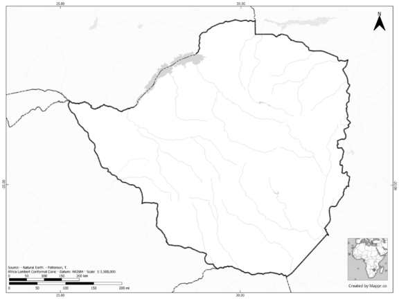 Blank black and white map of Zimbabwe with borders and no labels.