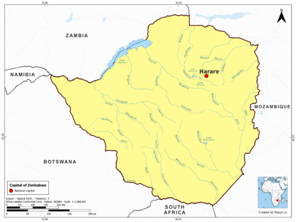 Map highlighting Harare, the capital of Zimbabwe, with country borders, in color.