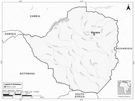 Black and white map highlighting Harare, the capital of Zimbabwe.