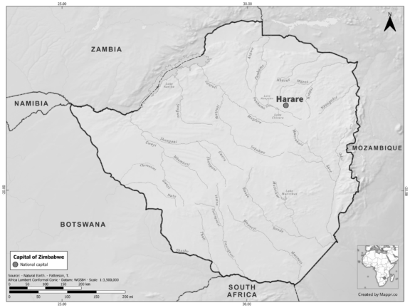 Black and white map of Zimbabwe highlighting Harare as the capital, with neighboring countries.