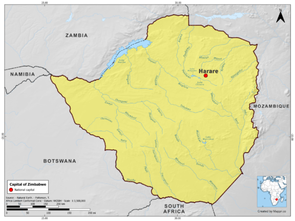 Map highlighting Harare, the capital of Zimbabwe, with surrounding countries and geographical features, in color.
