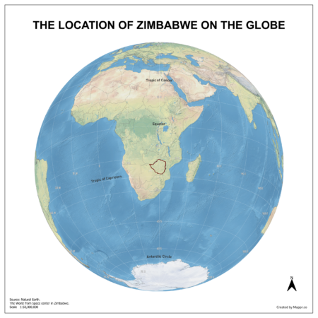 Map showing Zimbabwe's location on a globe, highlighted in red on the African continent.