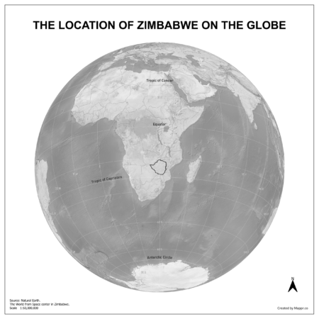 Map showing Zimbabwe's location on a globe, highlighted in red on the African continent.