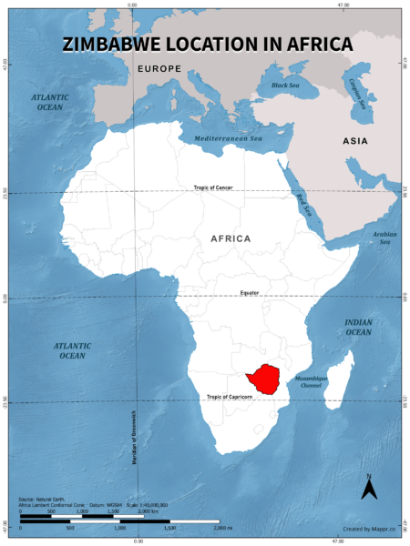 Zimbabwe location on world map, color version.