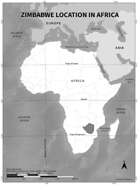 Zimbabwe location on world map, black and white version.