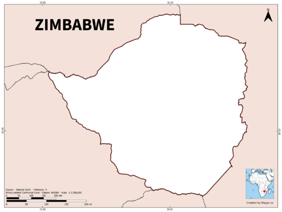 Outline map of Zimbabwe with country borders in color.