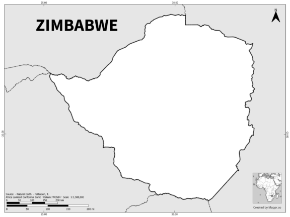 Black and white outline map of Zimbabwe, showing the country's borders.