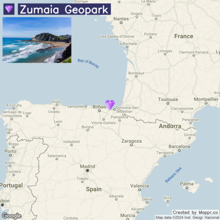 A promotional graphic for Zumaia Geopark featuring a top image of a coastal landscape with cliffs and waves, and a bottom map highlighting the location of the park on the northern coast of Spain, near Bilbao and Donostia-San Sebastián, with surrounding geography and cities labeled.