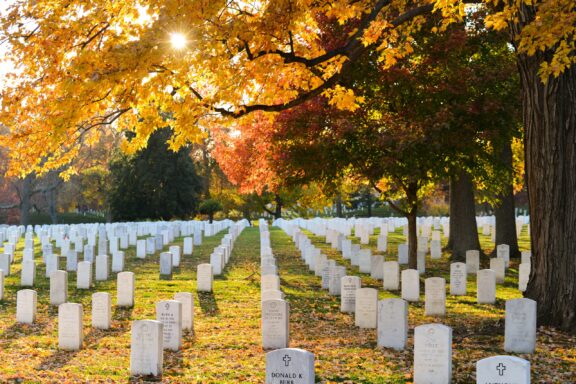 Sunlight streaming through autumn-colored leaves over a military cemetery with rows of white headstones.