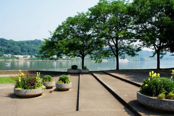 A riverside walkway flanked by large potted plants and trees with a view of a calm river and residential hills in the background on a sunny day.