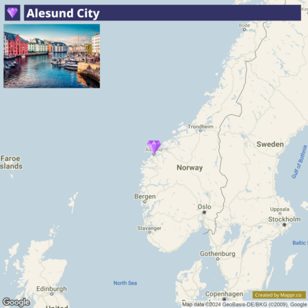 A split image featuring a scenic view of Alesund city with colorful buildings along a waterway on the left, and a map showing the location of Alesund in Norway on the right.