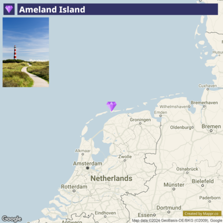 A split image with the top half showing a photograph of a red and white lighthouse on Ameland Island with a curving pathway leading through grassy dunes under a clear blue sky. The bottom half shows a map highlighting the location of Ameland Island in the North Sea, off the northern coast of the Netherlands, with a purple pinpoint marker. The map includes surrounding Dutch cities and parts of Germany.