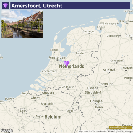 A map showing Amersfoort, Utrecht highlighted with a purple marker in the Netherlands, along with surrounding cities and country borders, including parts of Belgium and Germany. The inset in the upper left corner features a scenic view of Amersfoort with traditional buildings and a canal.