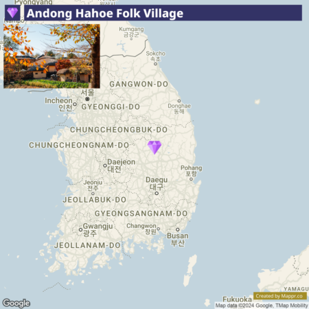 A map highlighting the location of Andong Hahoe Folk Village in South Korea, with a purple diamond marking the spot in the north-central region of the country near other labeled regions and cities such as Daegu and Pohang. The map also features an inset photograph in the upper left corner showing traditional Korean houses with thatched roofs amidst autumn foliage.