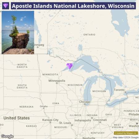 "Map showing the location of Apostle Islands National Lakeshore in northern Wisconsin on Lake Superior, with an inset photo of a single tree growing on a rock formation within the park."