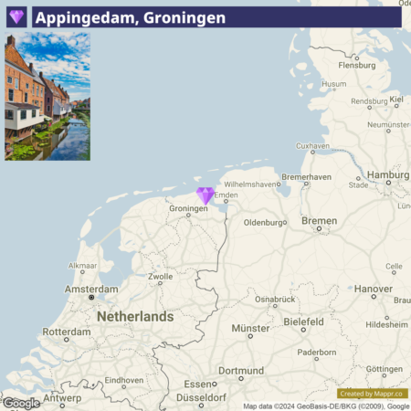 A map of the Netherlands highlighting the location of Appingedam in the province of Groningen, with an inset image of a canal and traditional Dutch houses in Appingedam.