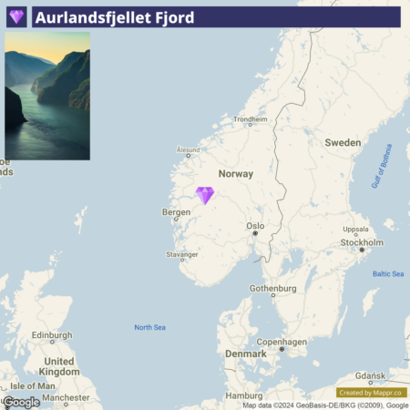 A map highlighting the location of Aurlandsfjellet Fjord in Norway, with an inset image of the fjord in the upper left corner.