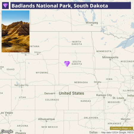 A map highlighting Badlands National Park in South Dakota with an inset photo showing the rugged terrain of the park at the top left corner.