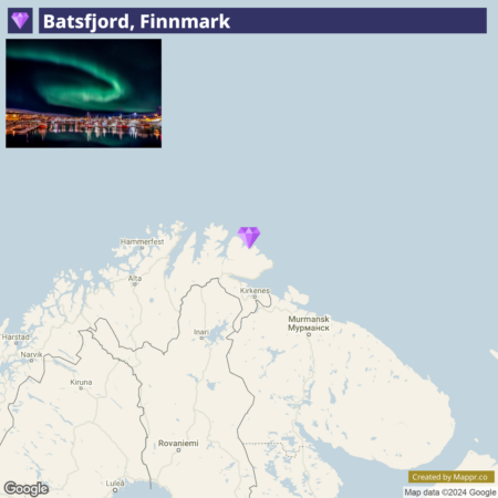 An image featuring the Northern Lights (Aurora Borealis) over a waterfront town in Båtsfjord, Finnmark, with a map of the surrounding region below. The map highlights Båtsfjord's location with a purple diamond-shaped marker.