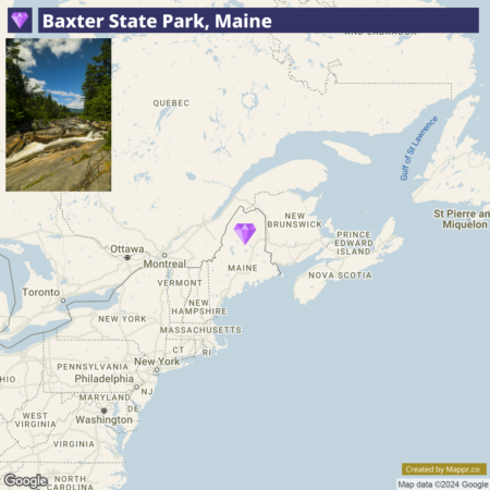 A map showing the location of Baxter State Park in Maine, with an inset photograph of a rocky landscape within the park. The map displays the Northeastern United States and neighboring parts of Canada, with Maine highlighted and the park marked by a purple diamond symbol. Surrounding regions like Quebec, New Brunswick, and Nova Scotia are also visible.