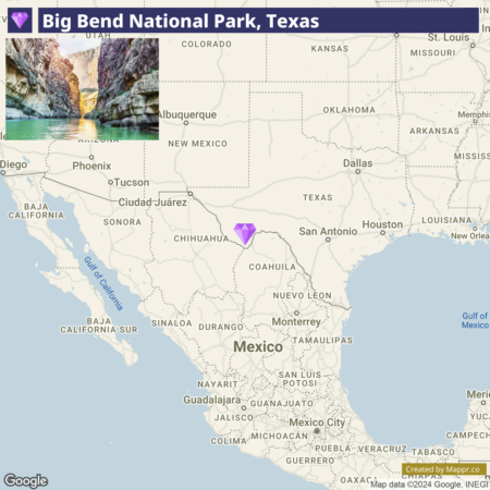 Map showing the location of Big Bend National Park in Texas, with a highlighted region indicating its position near the border between the United States and Mexico. The map also displays surrounding states and major cities.