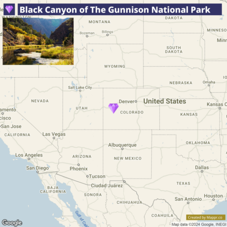 A map of the western United States with a highlight on Colorado and a purple marker indicating the location of Black Canyon of the Gunnison National Park. The inset photo shows a scenic view of the park with lush greenery and a reflective river. Text overlay reads "Black Canyon of The Gunnison National Park".