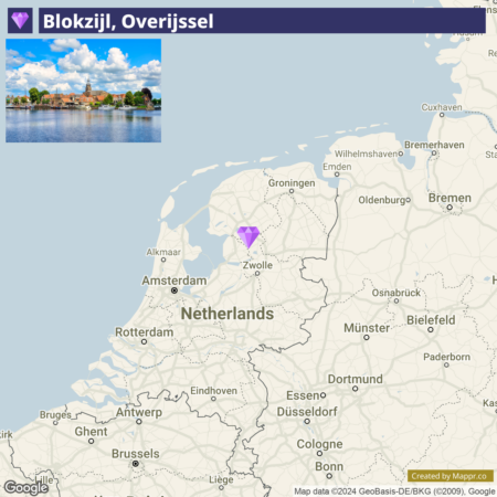 A map highlighting the location of Blokzijl in Overijssel, Netherlands, with a small inset image above showing a scenic view of Blokzijl's waterfront and buildings.