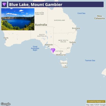 A map of Australia highlighting the location of Blue Lake in Mount Gambier with an inset photo of the lake atop the map, situated in the south-eastern region near the coast in the state of South Australia.