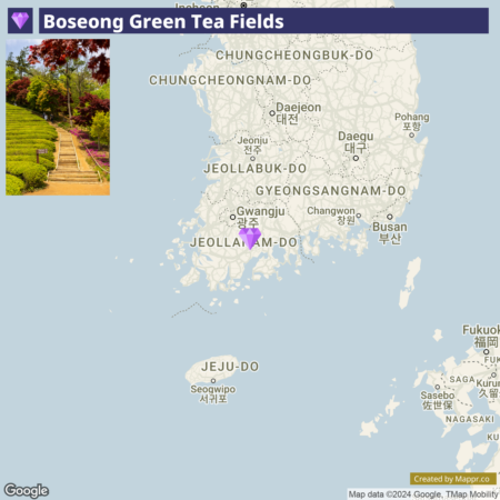 An image titled "Boseong Green Tea Fields" with a small photo of lush green terraced fields on the left, and a regional map of South Korea highlighting the Boseong area on the right.