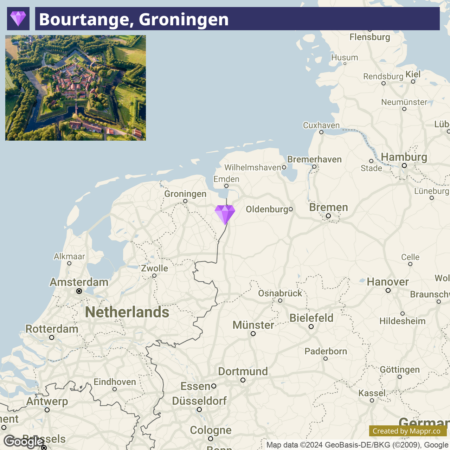 An aerial view of the star fort in Bourtange, Groningen at the top of the image, with a map of the Netherlands highlighting the location of Bourtange with a purple pin below.