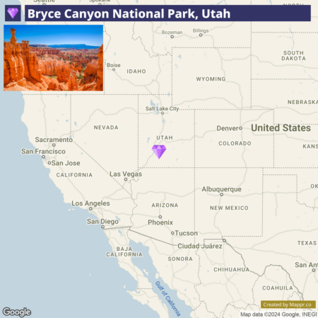 A map highlighting the location of Bryce Canyon National Park in Utah, with an inset photo showcasing the park's distinctive red rock formations.