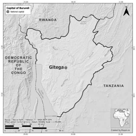 Black and white map of Burundi highlighting Gitega as the capital, with neighboring countries.