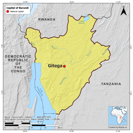 Map highlighting Gitega, the capital of Burundi, with surrounding countries and geographical features, in color.