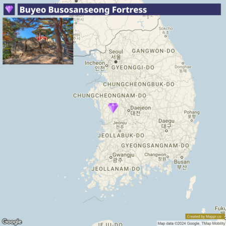 A map highlighting the location of Buyeo Busosanseong Fortress in South Korea, with a photographic inset showing a traditional Korean gate and pathway at the fortress.