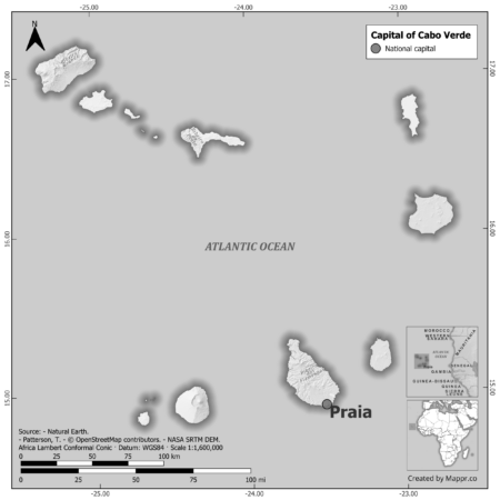 Black and white map of Cabo Verde highlighting Praia as the capital, with neighboring countries.