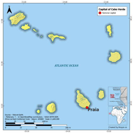 Map highlighting Praia, the capital of Cabo Verde, with surrounding countries and geographical features, in color.