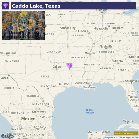 Map showing the location of Caddo Lake in Texas, with an inset photo of the lake surrounded by trees with autumn foliage.