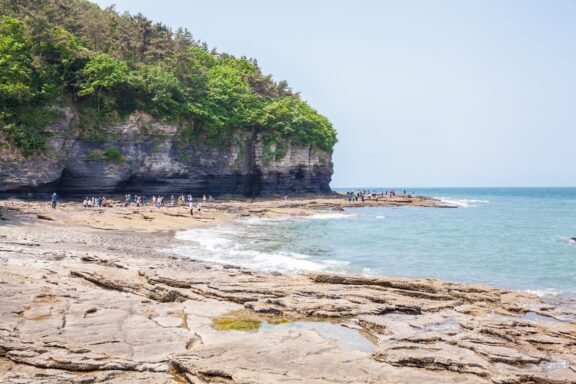 A coastal scene with layered rock formations leading out to the sea, with people walking along the edge of the water and a cliff covered with green foliage in the background.