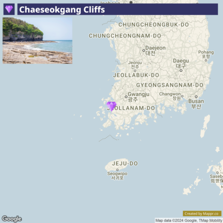 A split-view image with the top half showing the Chaeseokgang Cliffs and the ocean on a clear day, and the bottom half displaying a map of South Korea highlighting the location of the cliffs with a purple pin in the Jeollanam-do region.