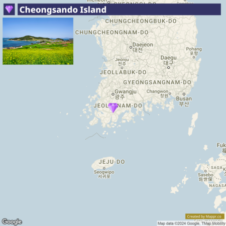 An inset image of a coastal landscape with green fields and a blue sky on the top left with a label "Cheongsando Island" overlaid, and a larger map of South Korea highlighting the region of Jeollanam-do with a purple marker indicating the location of Cheongsando Island.