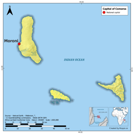 Map highlighting Moroni, the capital of Comoros, with surrounding countries and geographical features, in color.