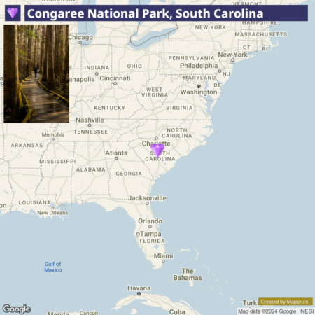 Alt text: A composite image featuring a scenic view of a boardwalk meandering through dense forest in Congaree National Park on the left, and a map showing the location of South Carolina in the southeastern United States on the right. The map highlights major cities and states in the region, with Google and Mappr.co branding at the bottom.