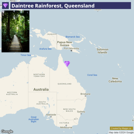 A composite image featuring a map of Australia with a highlighted region indicating the Daintree Rainforest in Queensland, to the right and above a smaller photo on the left showing a wooden boardwalk snaking through a dense, lush rainforest. Text at the top reads "Daintree Rainforest, Queensland."