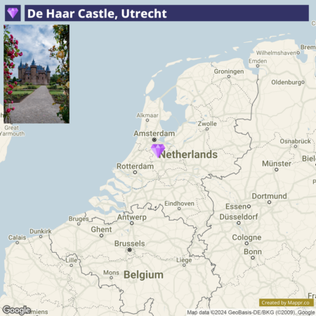 An image split between a photo of De Haar Castle surrounded by greenery and a marked Google map pinpointing its location in Utrecht, Netherlands.